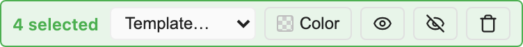 The bulk action bar reading '4 selected', with a template dropdown, colour button, and show / hide / delete buttons