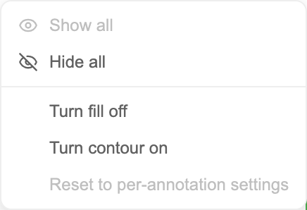 The kebab menu open, showing Show all / Hide all / Turn fill off / Turn contour on items