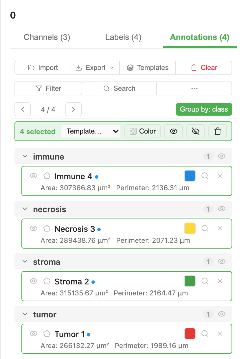 Annotation list with several rows highlighted green, the bulk action bar visible at the top showing '4 selected'