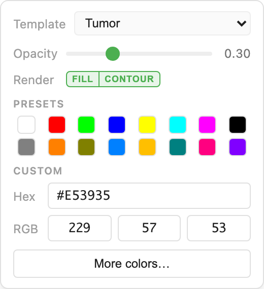 The swatch popover open on an annotation, showing: Template dropdown, Opacity, Render (FILL/CONTOUR), Presets grid, Custom hex/RGB