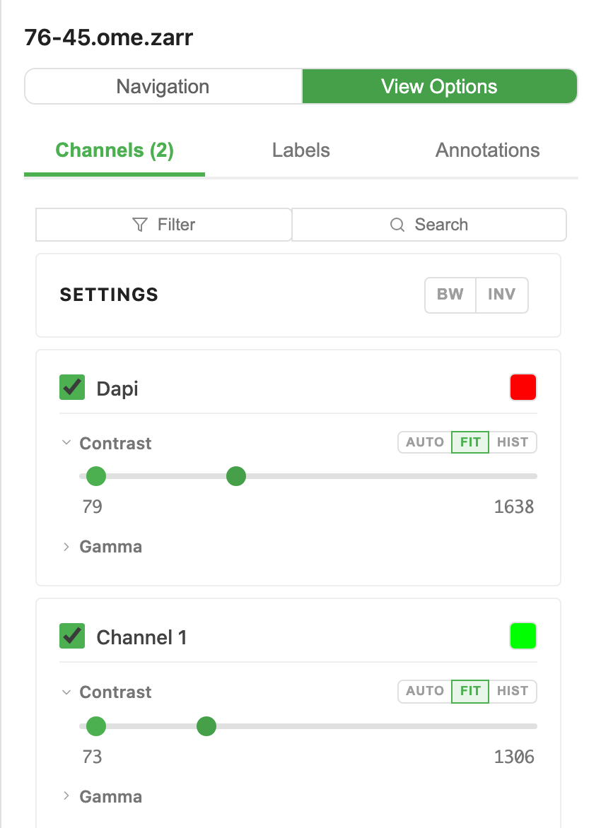 Channels tab open in the sidebar, showing two or three channels each with a name, color swatch, contrast slider, and the SETTINGS row with RGB / BW / INV toggles at the top