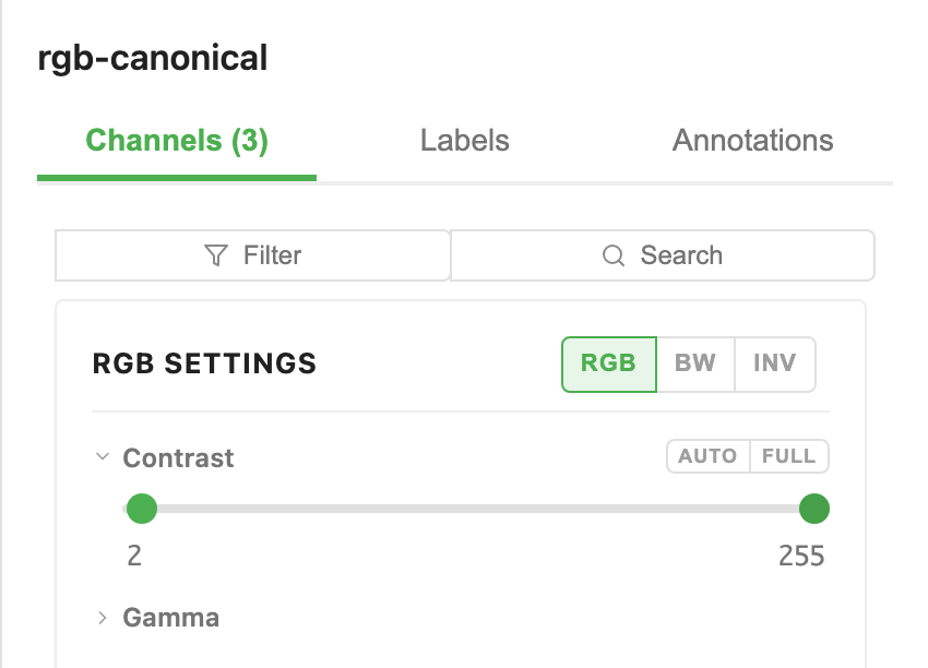 RGB SETTINGS active, single linked contrast slider, channels 0-2 locked to red/green/blue