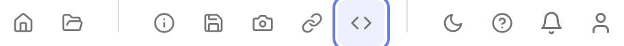 The right-hand toolbar group with the Embed button outlined, between the Link button and the theme toggle