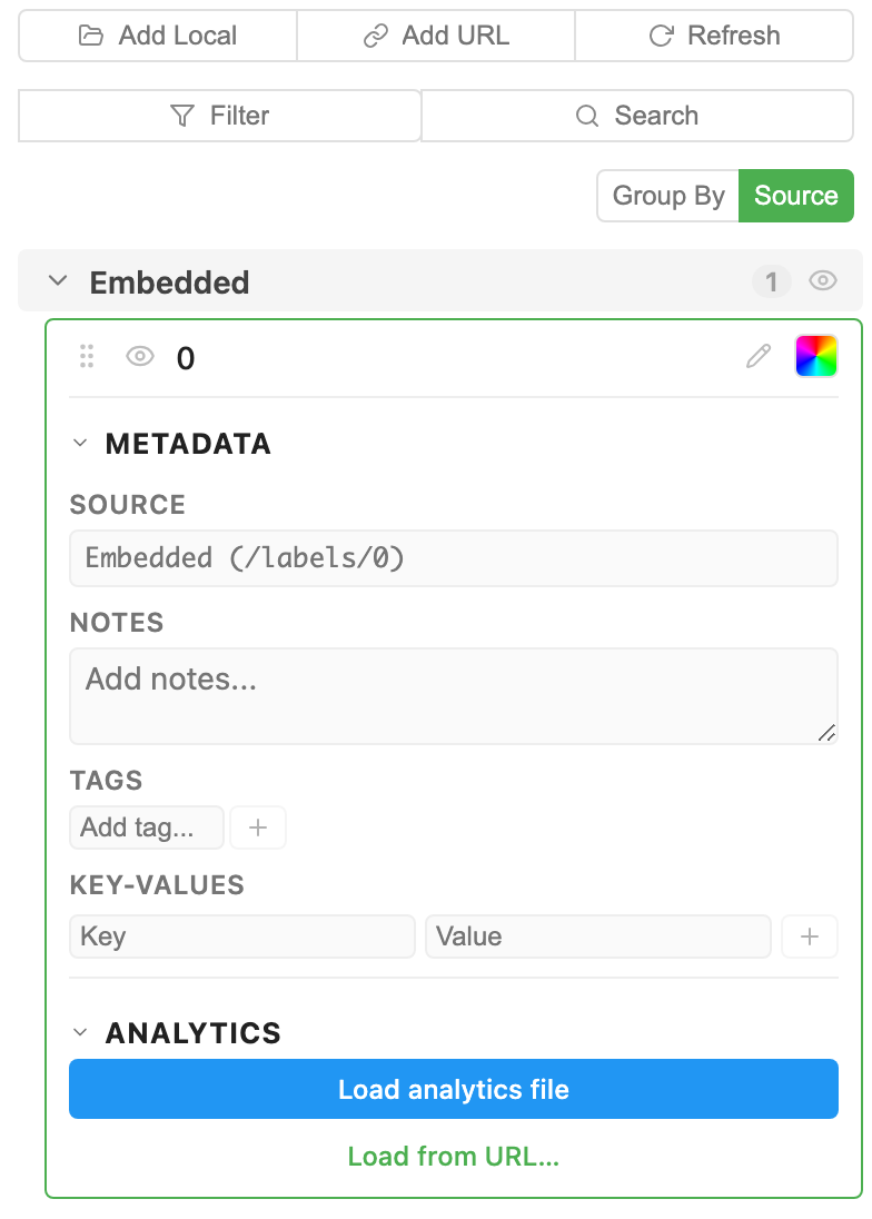 A label row expanded, showing the Metadata section (Source, Notes textarea, Tags chips, Key-values mini-table)