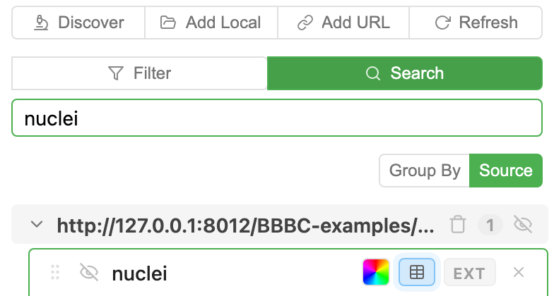 Search input active, list narrowed to labels whose name contains 'nuclei'