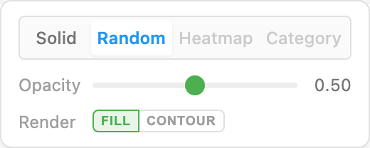 The style popover open showing the Solid / Random tabs (Heatmap / Category are grayed out when no CSV is loaded), Opacity slider, Render (FILL / CONTOUR) toggles, Presets color grid