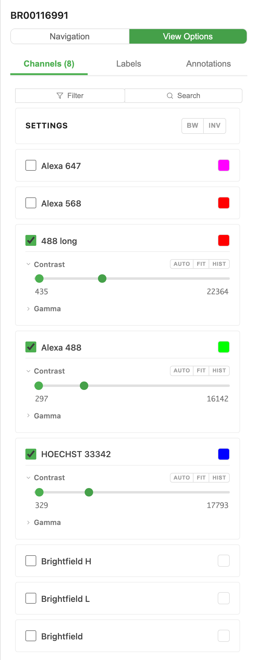 View Options, Channels (8), on plate BR00116991: Alexa 647 and Alexa 568 switched off, 488 long, Alexa 488 and HOECHST 33342 switched on with their contrast sliders, and Brightfield H, Brightfield L and Brightfield switched off