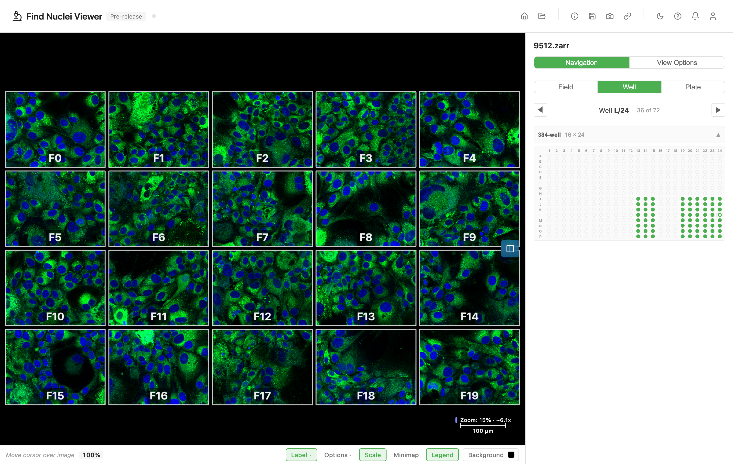 Well view showing all twenty fields of well L/24 arranged in a grid, each tile labelled F0 to F19, with the Well button active in the toggle