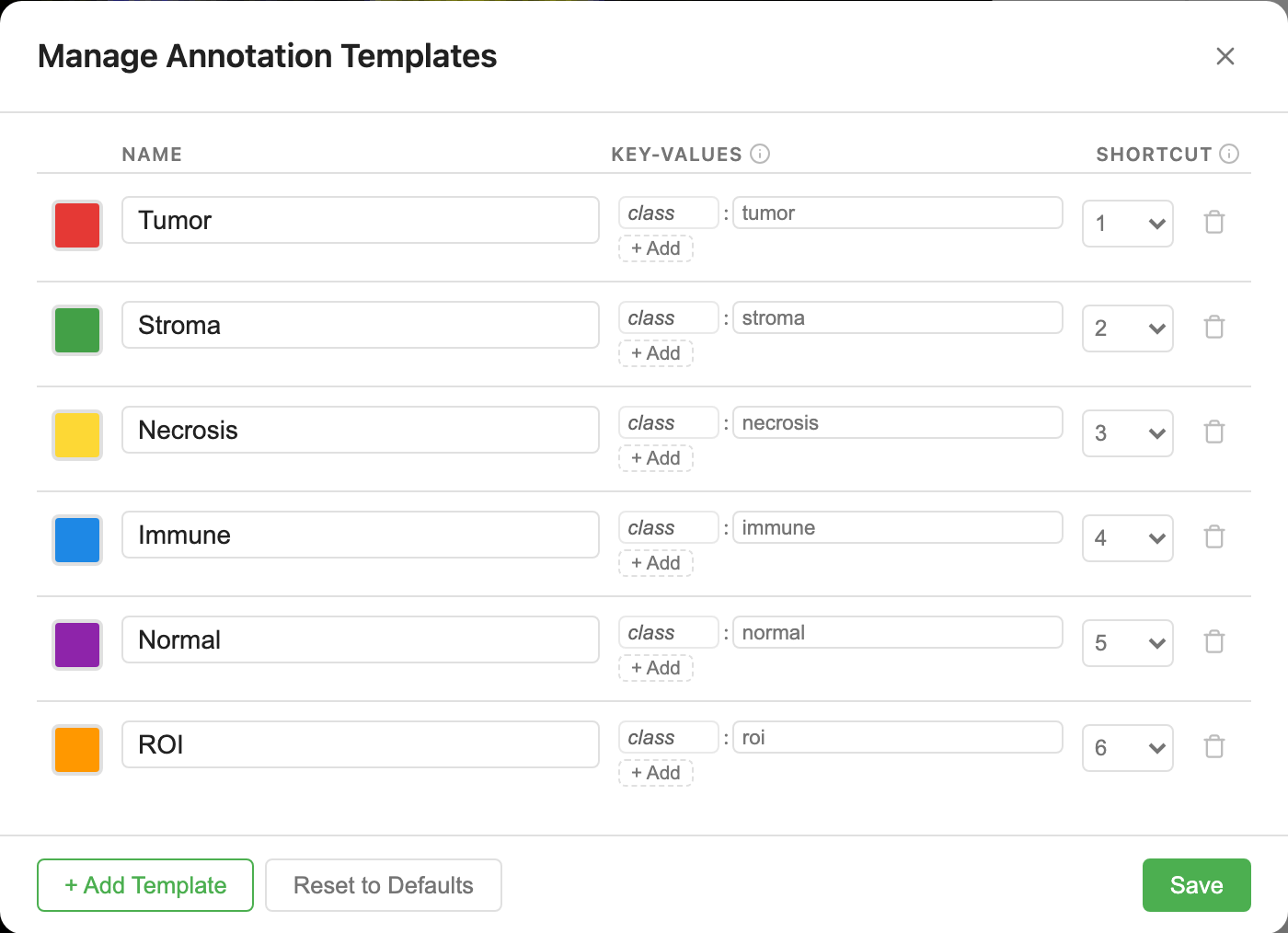Template Manager modal: list of templates as rows with color swatch, name input, class input, shortcut number, and a delete button. 'Add template' button at the bottom