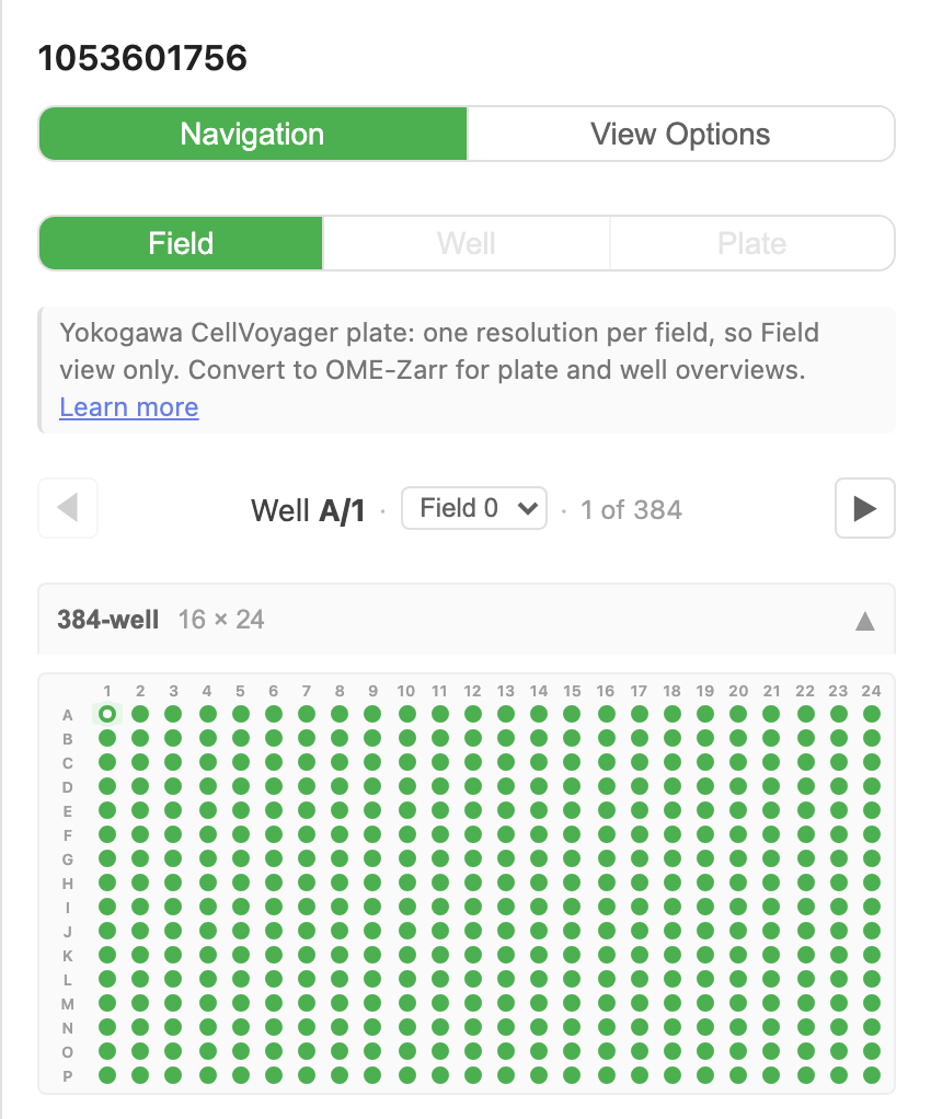 The Navigation tab of plate 1053601756: Field active and Well and Plate greyed out, the note reading Yokogawa CellVoyager plate: one resolution per field, so Field view only, the well navigator on Well A/1 with the Field 0 dropdown and 1 of 384, and the 384-well picker, 16 by 24
